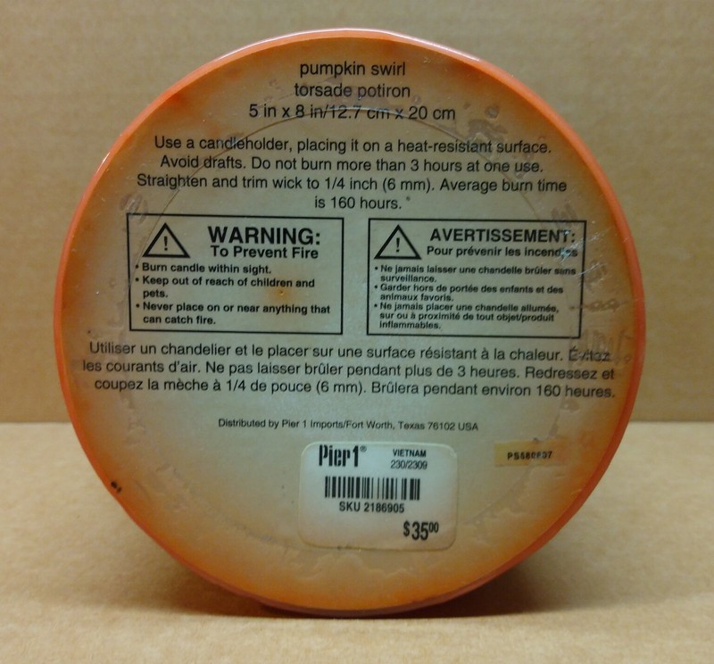 Pier 1 One PUMPKIN SWIRL Scented Candle 5 x 8" 160 Hours Burn 3 Wicks Pillar gallery