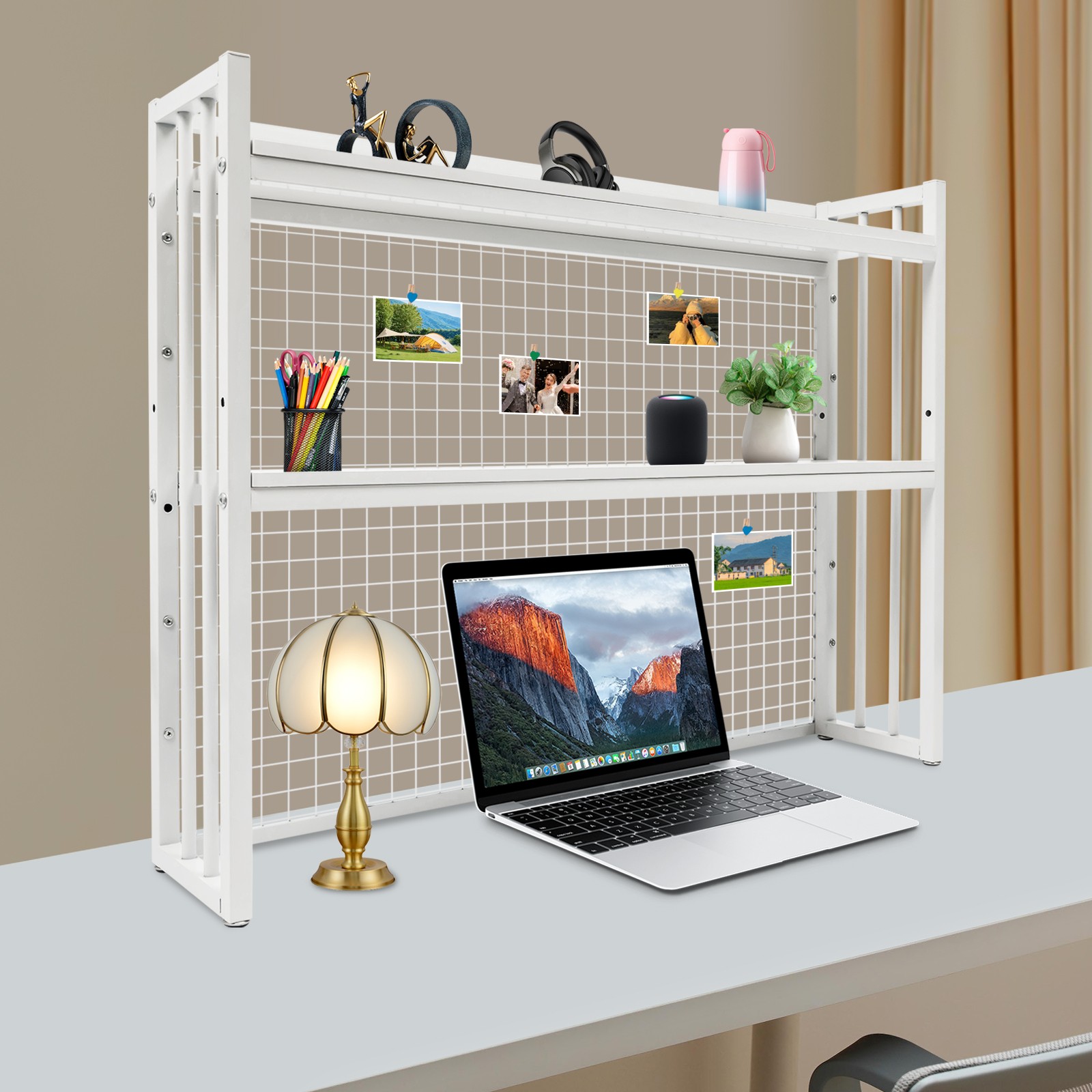 Modern Minimalist Desktop Bookcase with Adjtable Shelves and Hooks US~ gallery