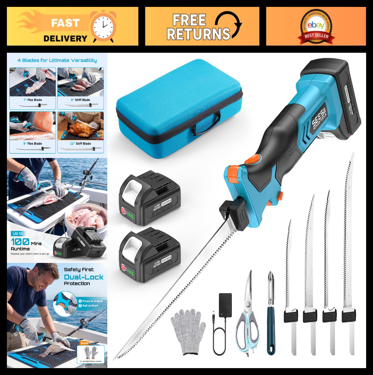 Cordless Electric Fillet Knife Set - 4 Blades, 100 Min Runtime, Ergonomic Grip, gallery