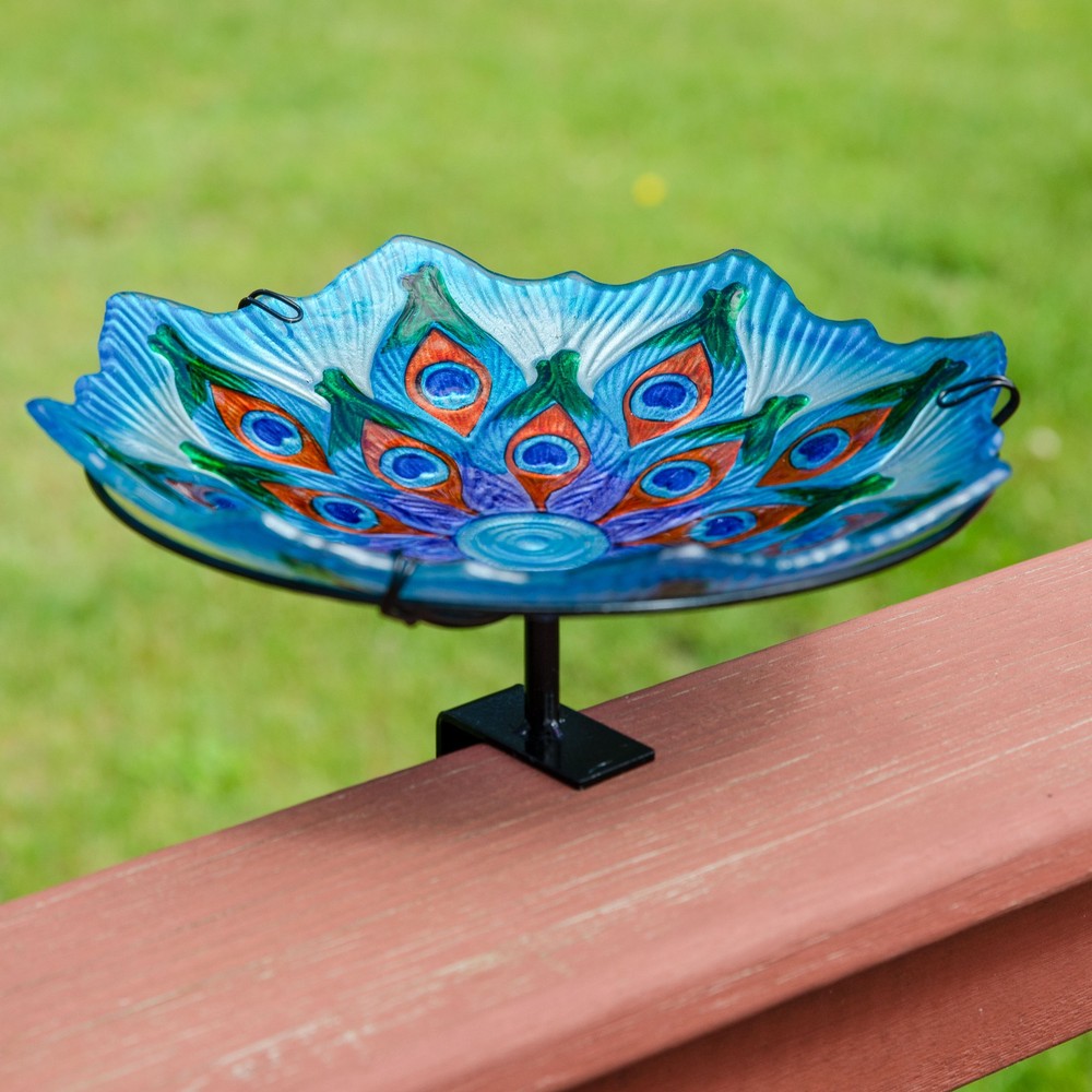 Exquisite Feathers Deck-Mounted/Staked Glass Bird Bath by Sunnydaze