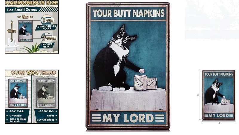 Durable Cat Themed Wall Plaque - “Your Napkin My Lord” Rustic Bathroom Decor gallery