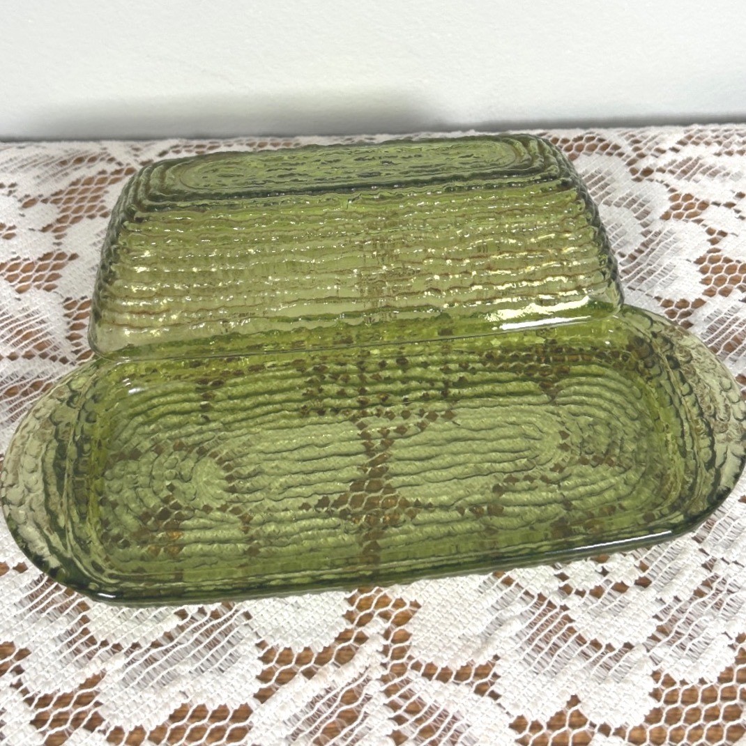 Anchor Hocking Soreno Avocado Green Textured Glass Butter Dish + Lid MCM Farm gallery