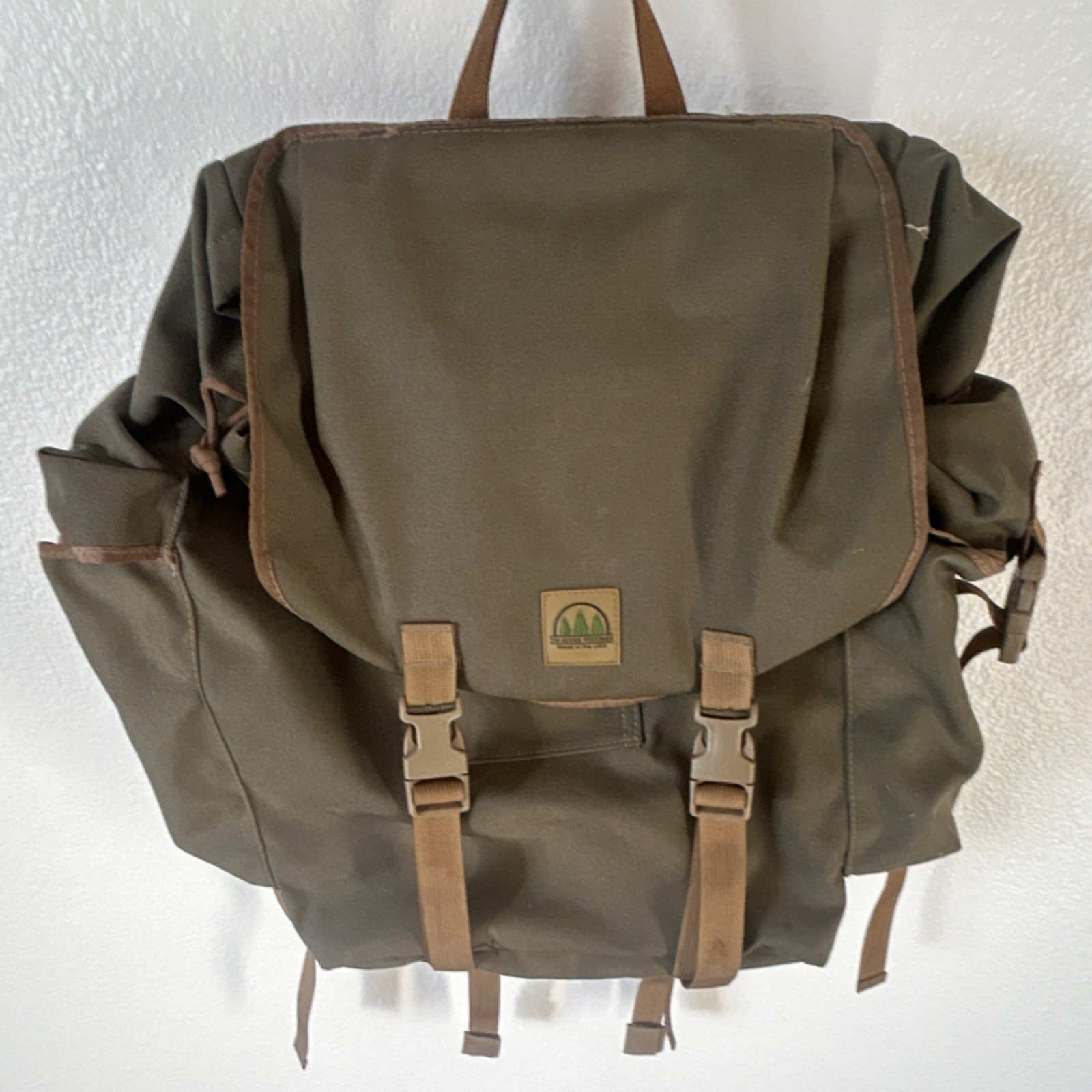 Olive Green Canvas Hiking Backpack with Buckle, Drawstring, Zipper Closures