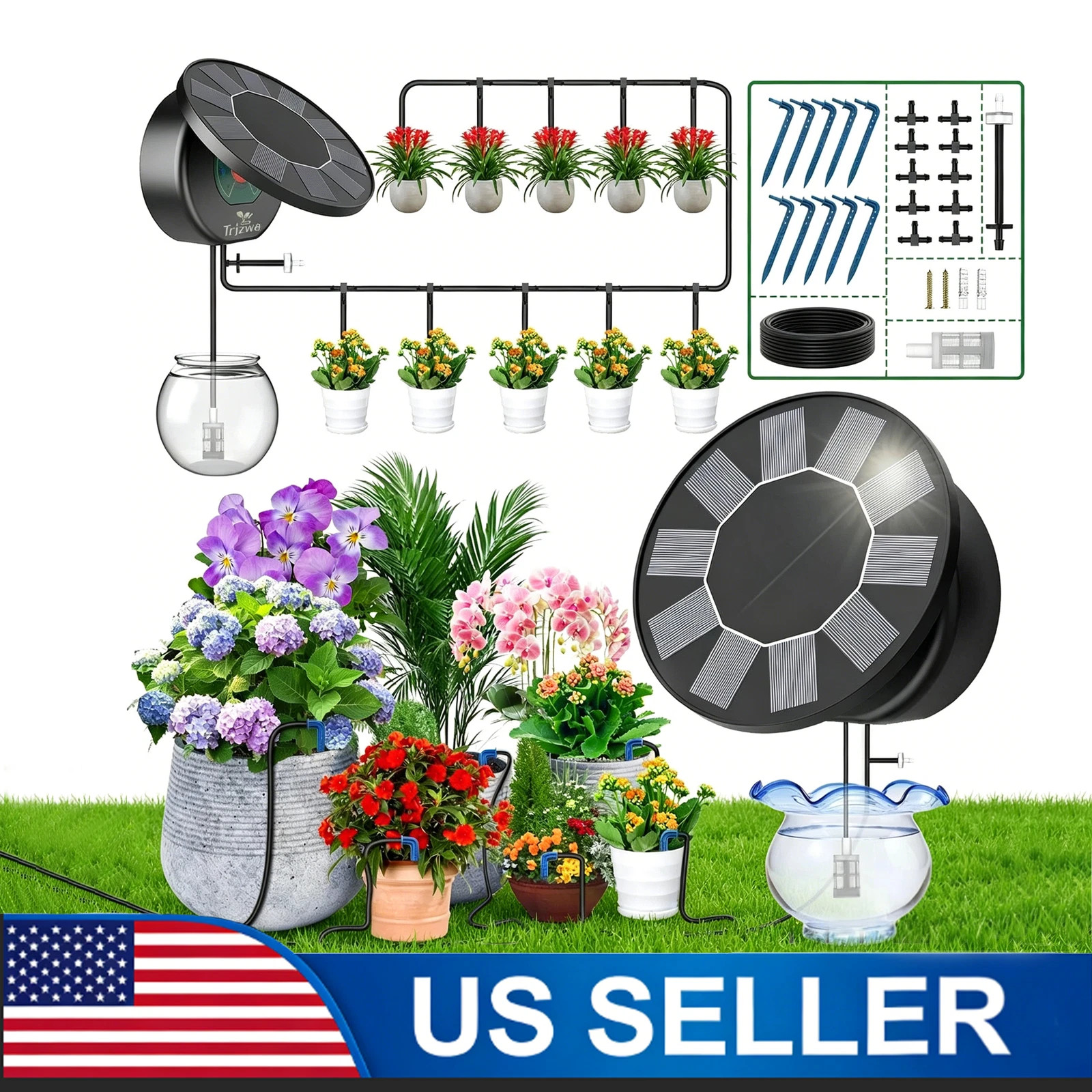Solar Drip Irrigation System, Automatic Watering Kit for 15 Pots with 49ft Hose gallery