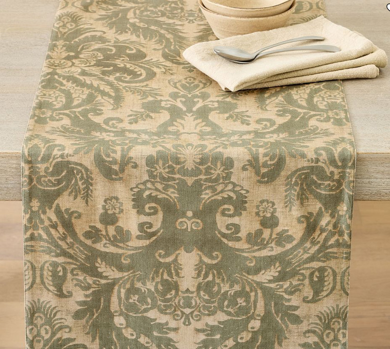 Pottery Barn Stella Damask Table Runner 18”x108” In Green 100% Organic Cotton gallery