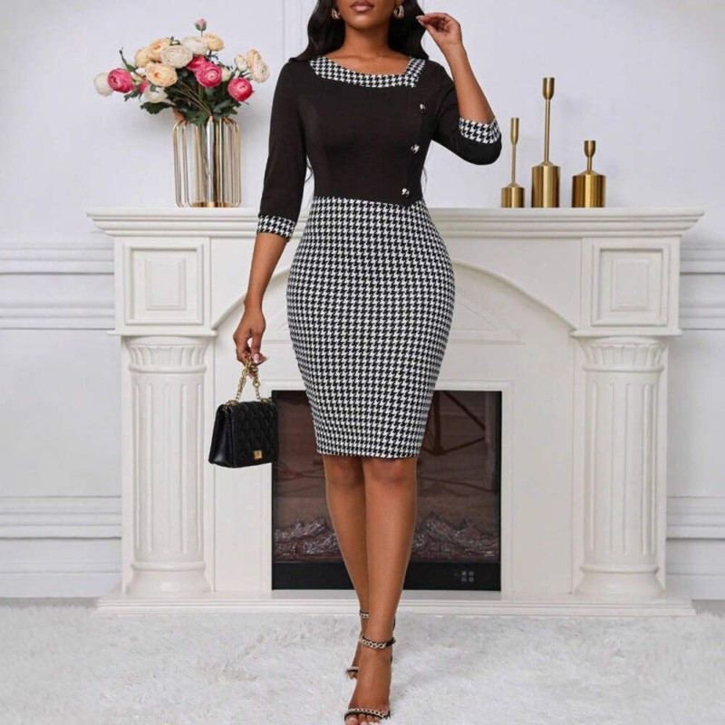 SpringSummer Houndstooth Patchwork Asymmetrical-Neckline Slim-Fit Dress gallery
