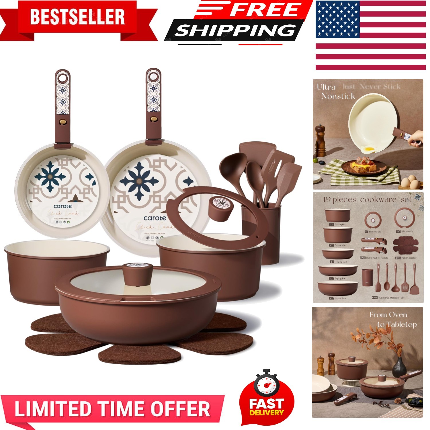 19 Pcs Pots and Pans Set Non Stick Ceramic Cookware Set with Removable Handles, gallery
