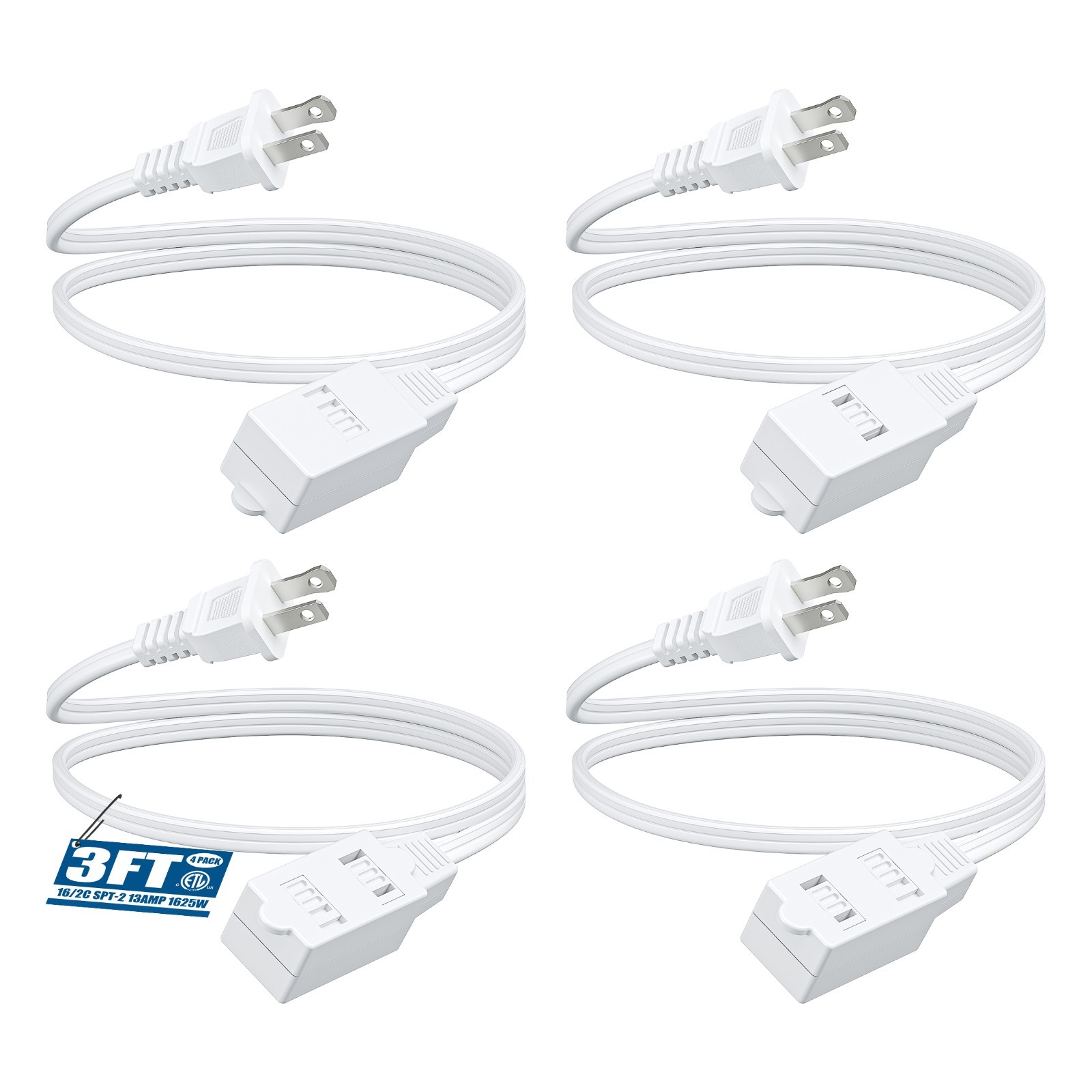 DEWENWILS 4 Pack 3FT Extension Cords for Indoor 2 Prong 3 Outlets with Safety gallery