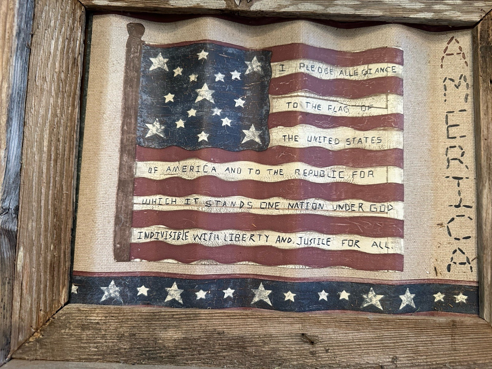 PRIMITIVE BARNWOOD FRAME W/ “PLEDGE Of ALLEGIANCE” ON FLAG PAINTED ON METAL gallery