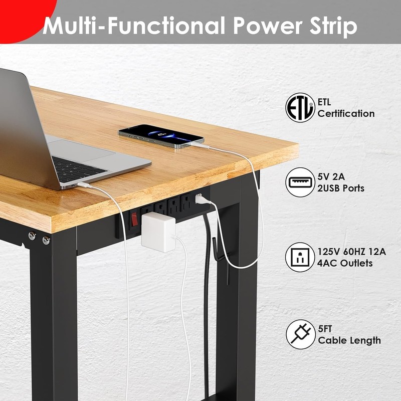 48" Adjustable Work Bench with Power Outlet,Rubber Wood Top Work Table,2000 LBS gallery