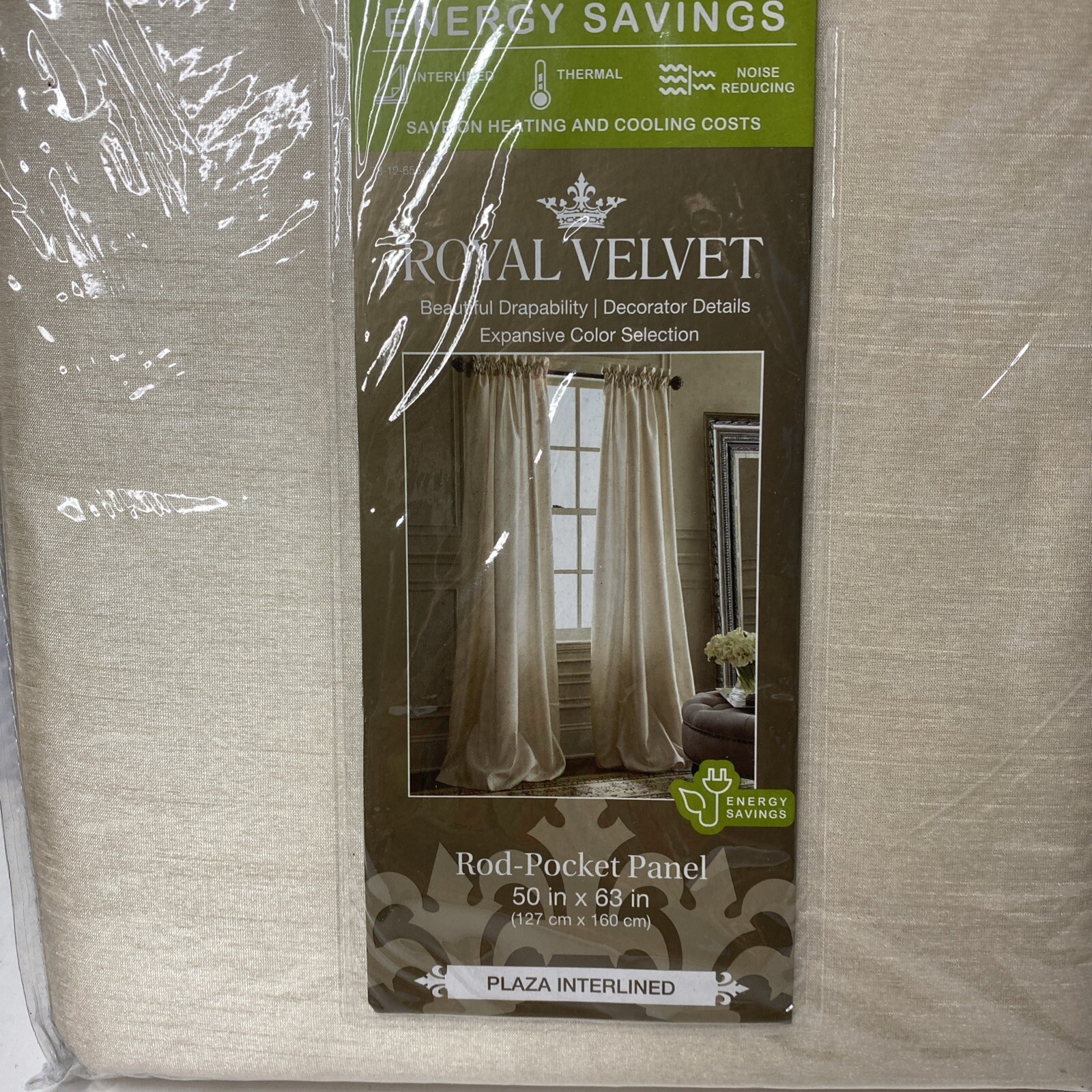 Royal Velvet Ivory Beige Interlined Rod-Pocket Curtain Panel 50x63” gallery