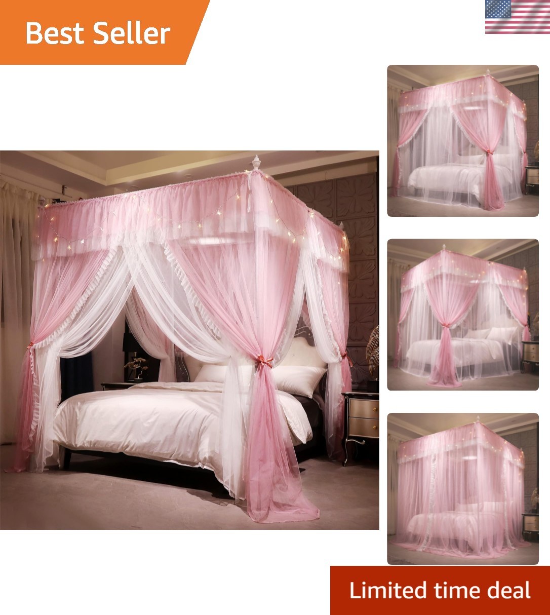 4 Corners Post Ruffle Princess Bed Canopy Curtain-Double Layer Cozy Drape Net... gallery