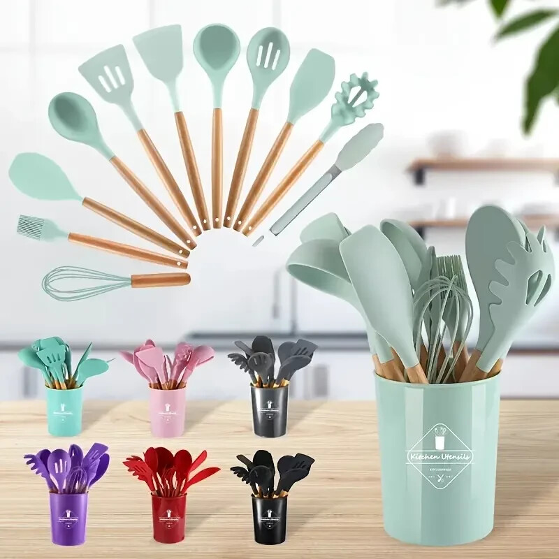 12-Pcs Kitchen Silicone Utensils Set with Heat Resist Wooden Handle Black gallery