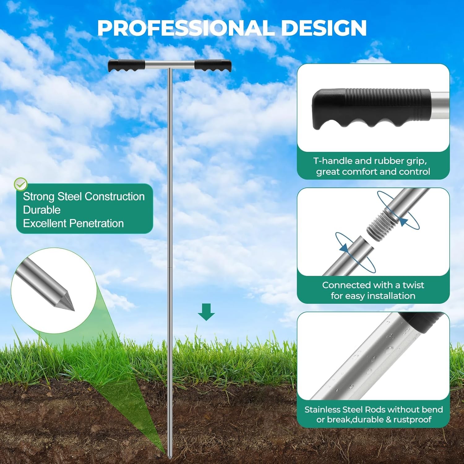 Stainless Steel Soil Probe Rod,48 Inch Adjustable Ground Probe Rod with T-Han... gallery