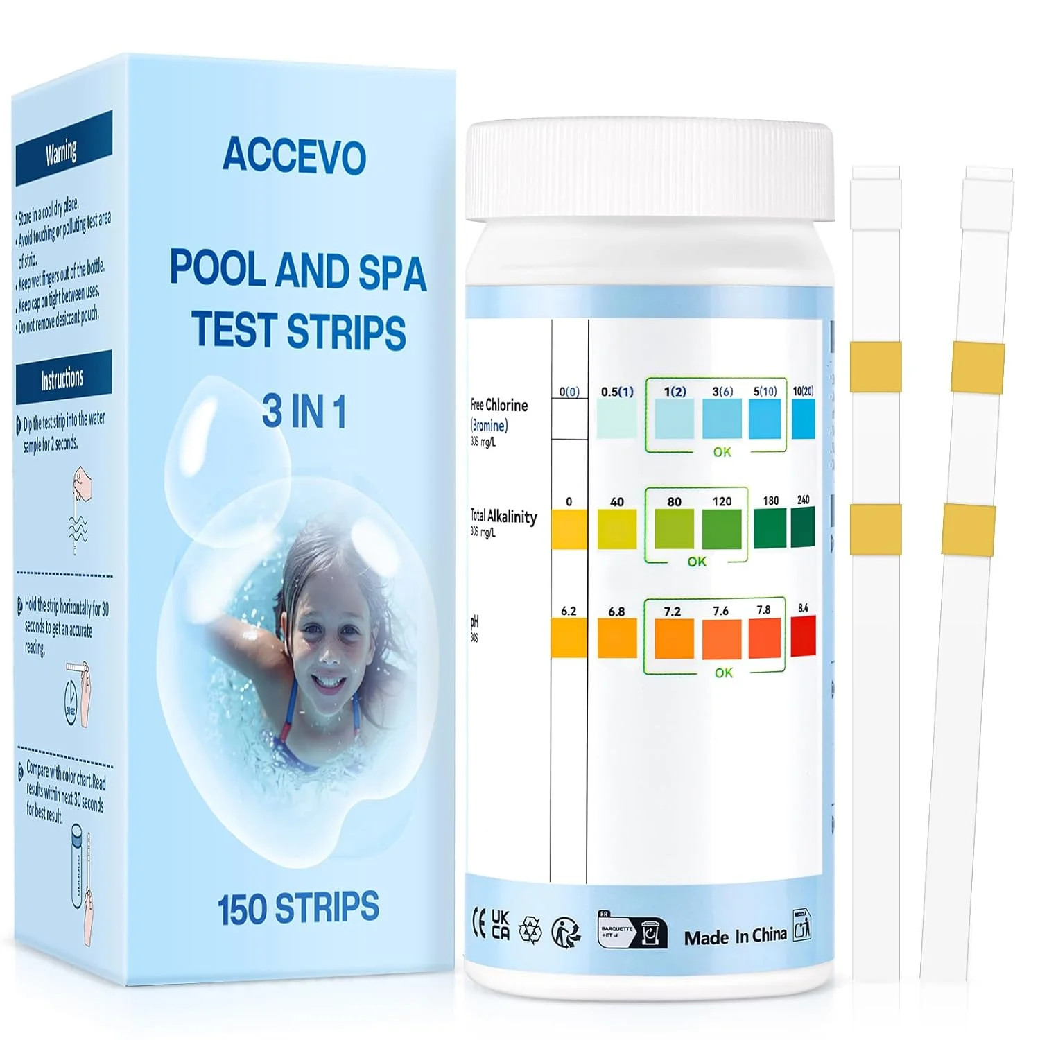 Accevo Hot Tub Test Strips，3-in-1 Pool Water Testing Kit for Chlorine/Bromine, p gallery