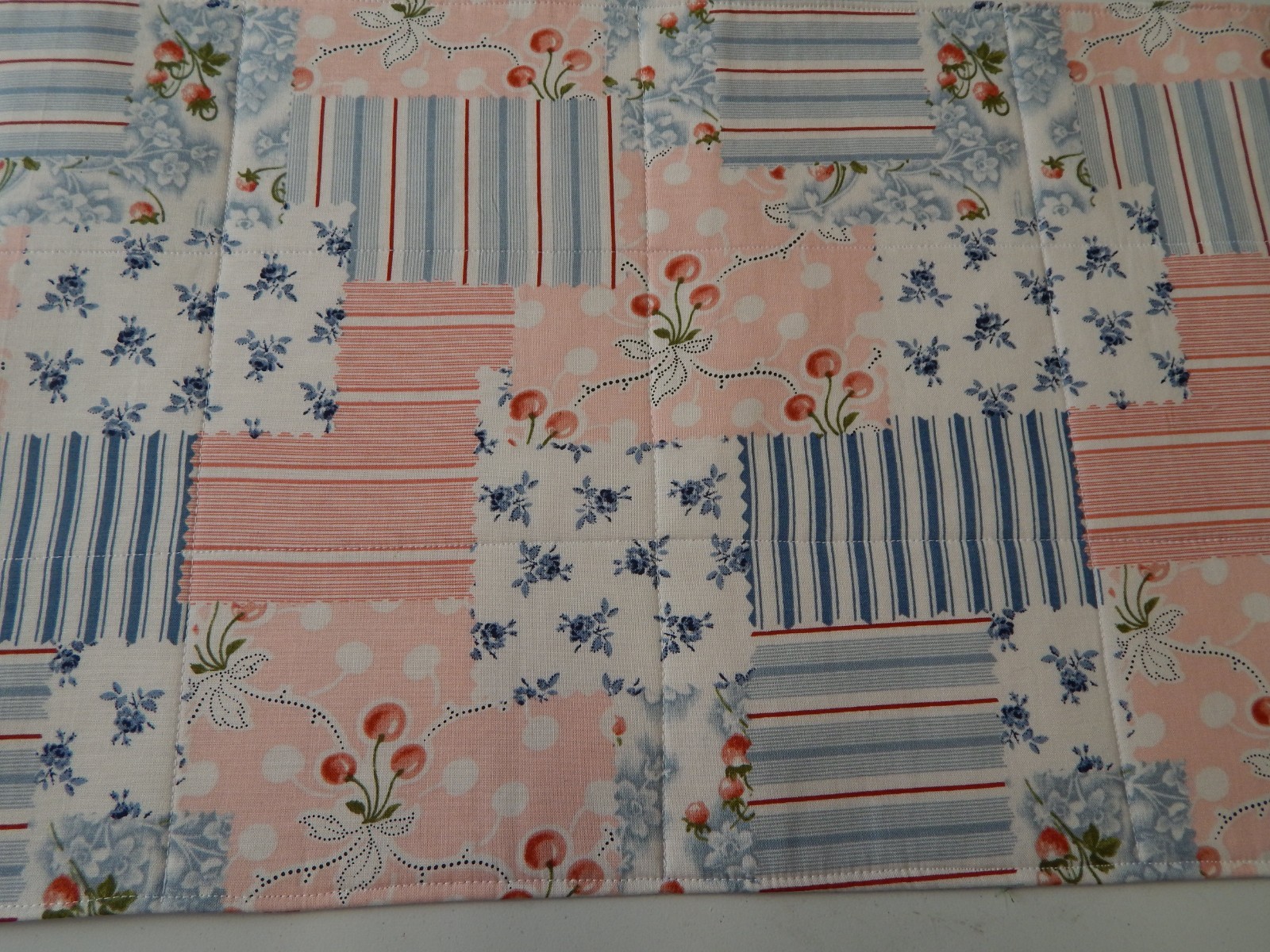 HANDCRAFTED REVERSIBLE QUILTED 42" "PATCHWORK & CHERRIES PRINT" TABLERUNNER gallery