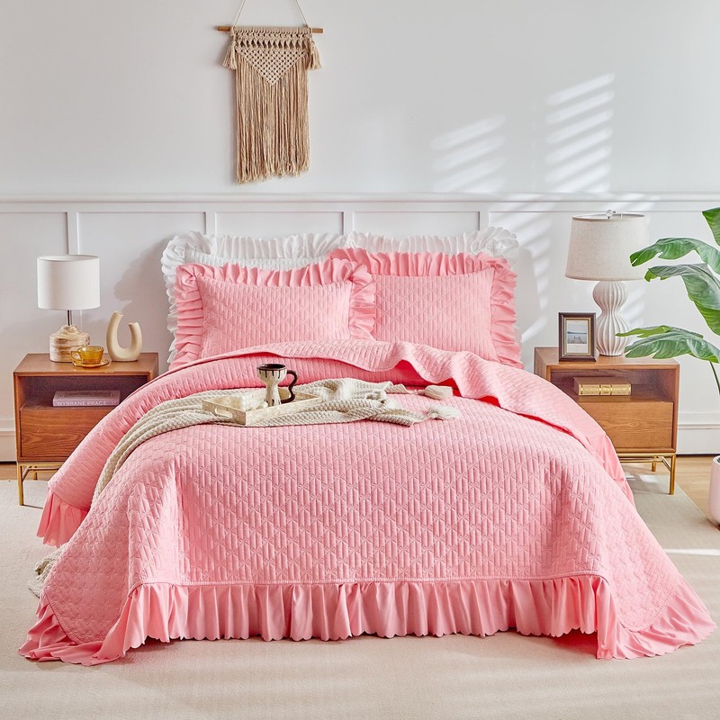 Ruffled Quilt Bedding Set Queen Size 96 * 96in - 3 Pieces Solid Shabby Chic F... gallery