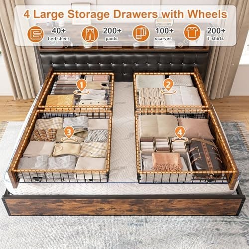 King Size Bed Frame with 4 Storage Drawers King Bed Frame and Headboard Upholste gallery