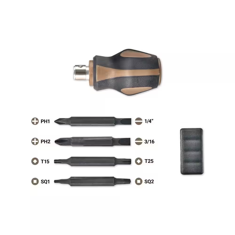 Stubby Screwdriver, 9-In-1, Includes 4 Double-Sided S2 Steel Bits, Magnetic, 3%