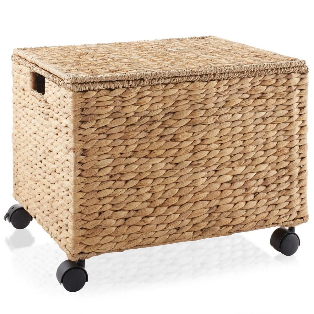 Casafield Rolling File Cabinet Storage Basket Brown Water Hyacinth Wicker Wheels