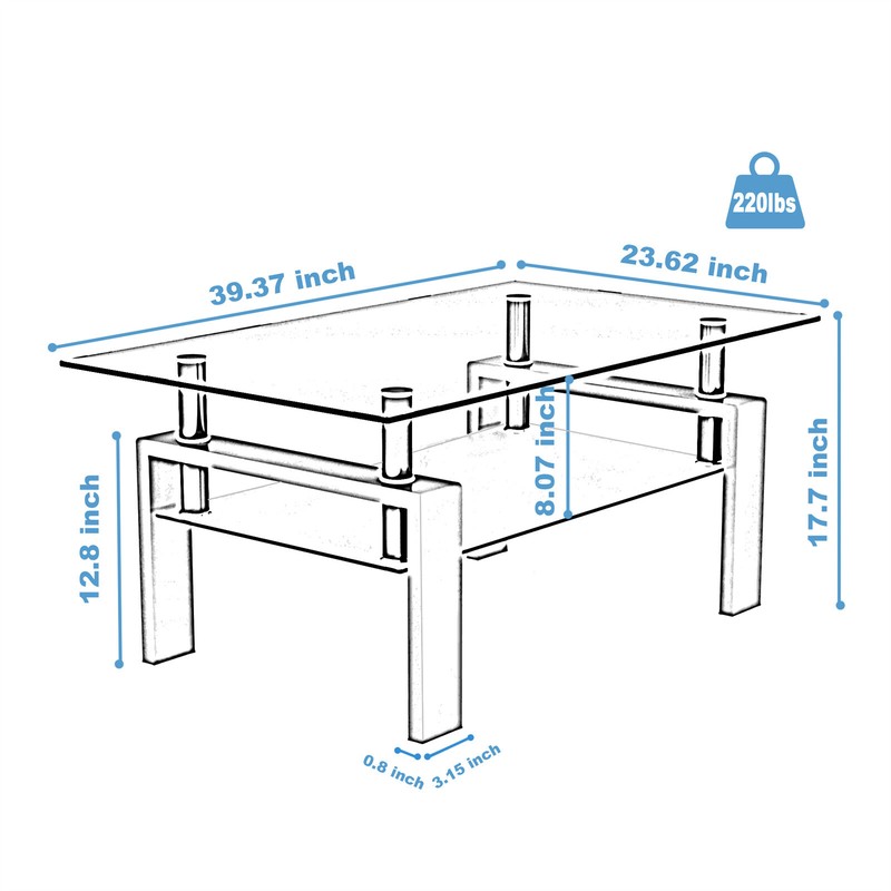 Modern Rectangle Glass Coffee Table Side Center Table with Shelf for Living Room gallery
