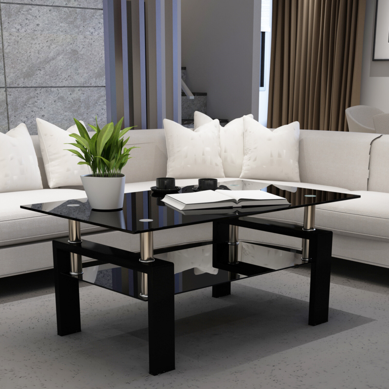 Modern Rectangle Glass Coffee Table Side Center Table with Shelf for Living Room gallery