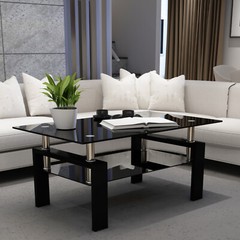 Modern Rectangle Glass Coffee Table Side Center Table with Shelf for Living Room