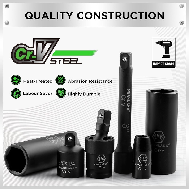 1/4" Drive Impact Socket Set 56 Piece SAE Standard 5/32 to 9/16 inch gallery