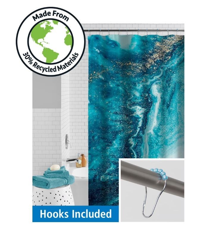 Mainstays Waterproof Marble Shower Curtain Set Recycled PEVA Blue gallery