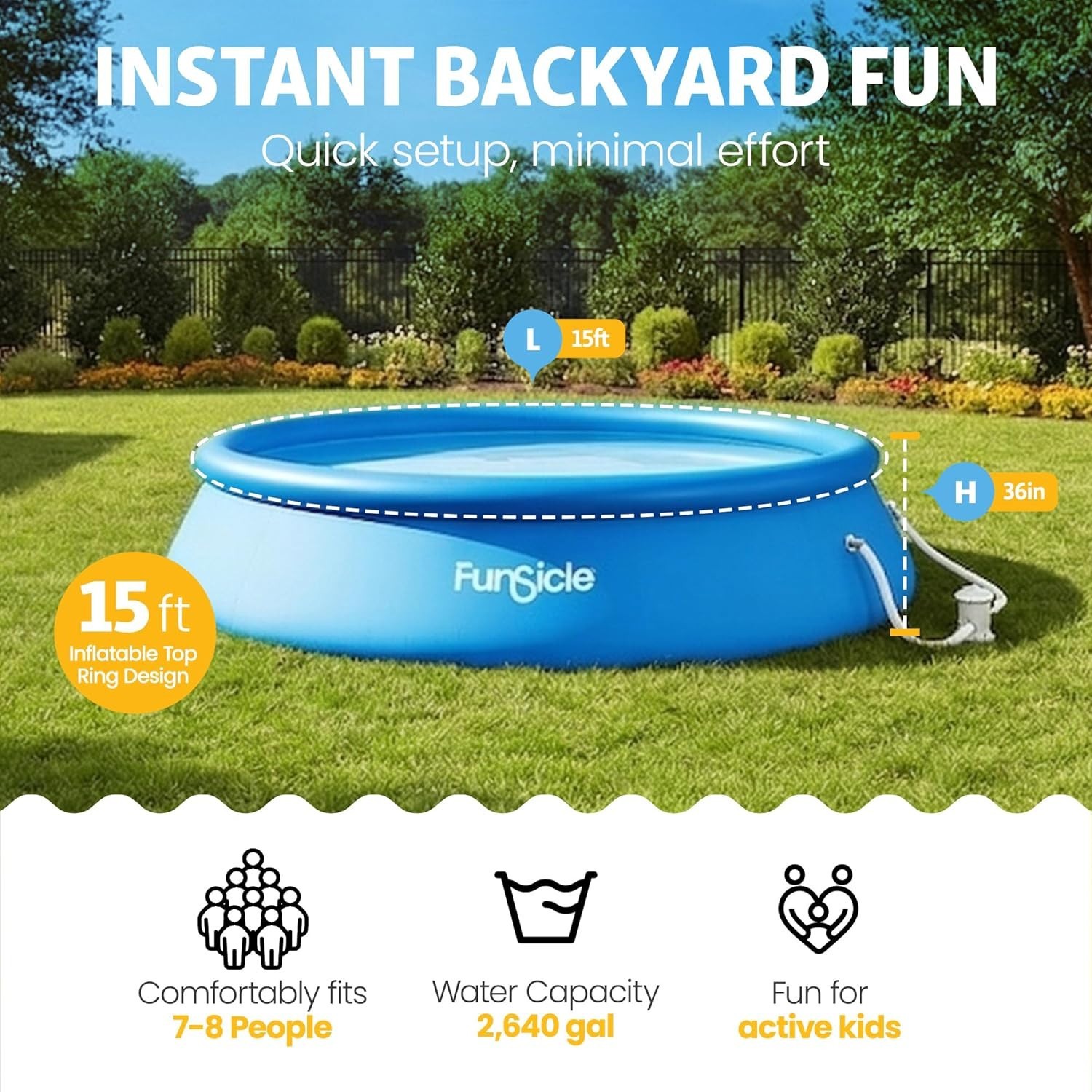 Above Ground Pool, 15'x36" Round Quickset w/ 800 GPH Pump, Type D Cart & Patch gallery