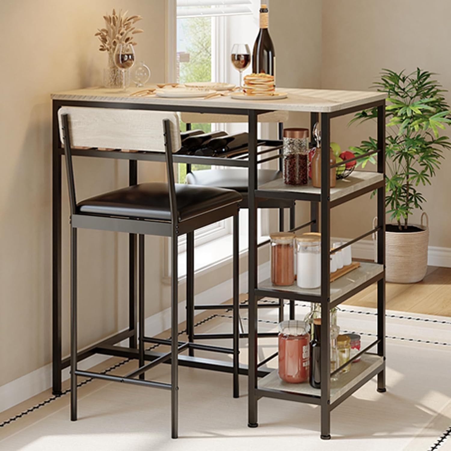 3-Piece Dining Table Set w/ Upholstered Bar Stool Wine Rack Kitchen Dining Room gallery
