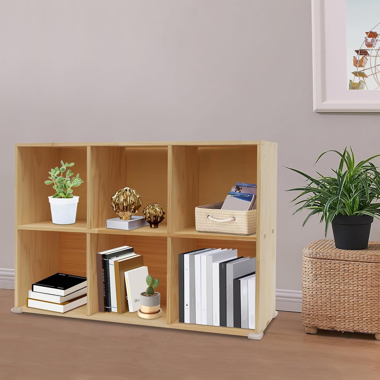 Solid Wood Bookcase 6-Cube Shelf, Convertible Vertical/Horizontal Storage Unit, gallery
