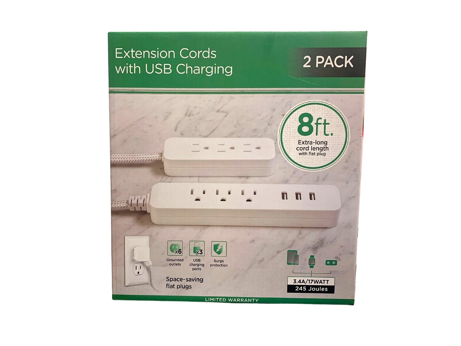 Jasco Extension Cords w/USB Charging 2Pk 8ft Cord 3 USB Charging Ports Flat Plug gallery