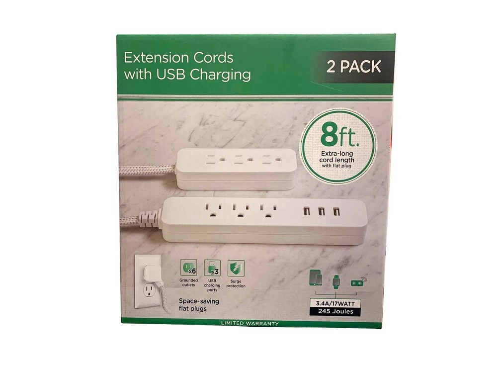 Jasco Extension Cords w/USB Charging 2Pk 8ft Cord 3 USB Charging Ports Flat Plug