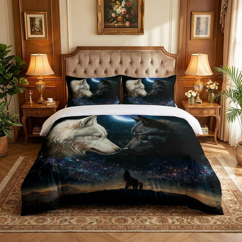 Wolf Moon Duvet Set - Full Size Evening Snowfield Bedding, Milky Design