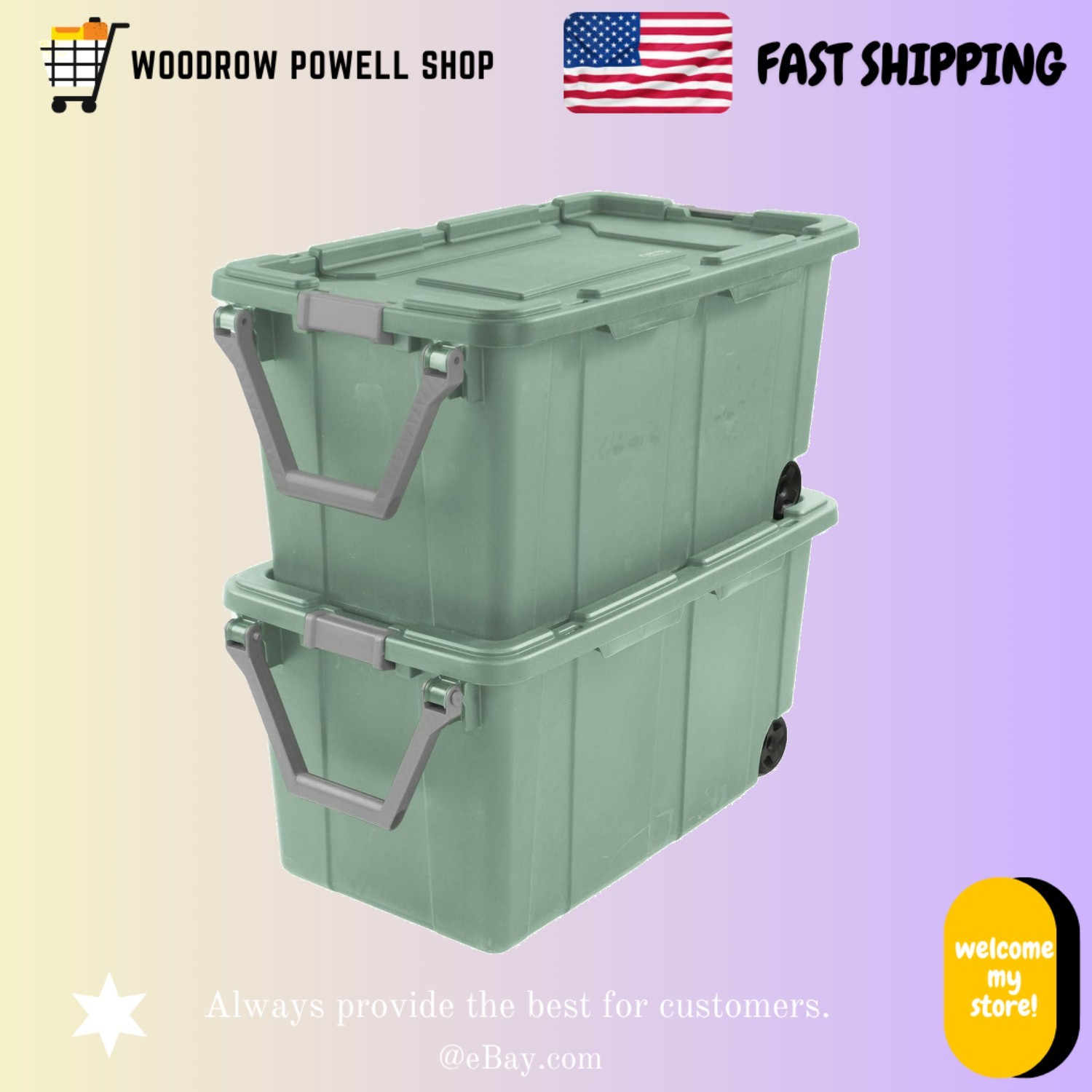 2 Pack 40 Gallon Wheeled Storage Bins w/ Handle Green Plastic Containers gallery