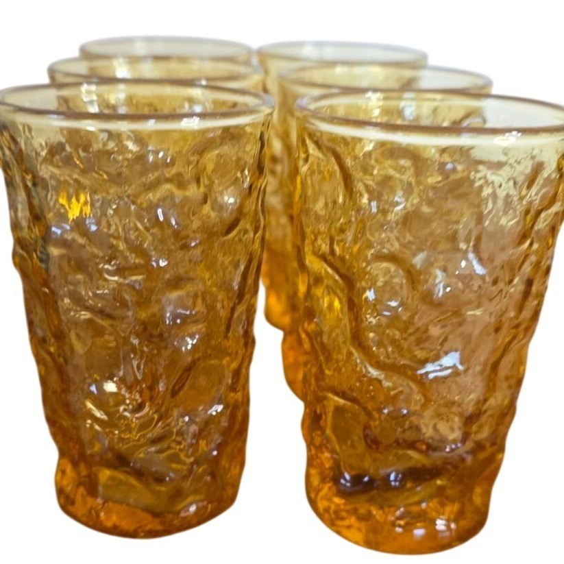 Anchor Hocking Lido Milano Amber Crinkle Glass Tumblers Set of 6 MCM 4 inch gallery