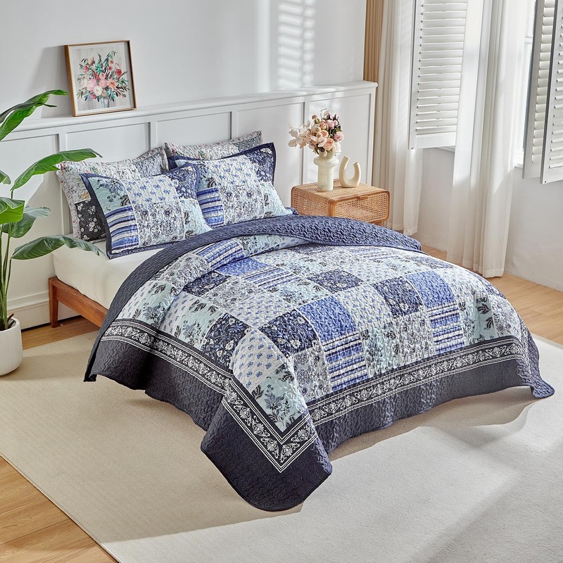 Patchwork Quilt Set Queen Size,3 Pieces Navy Blue White Floral Plaid Reversib... gallery