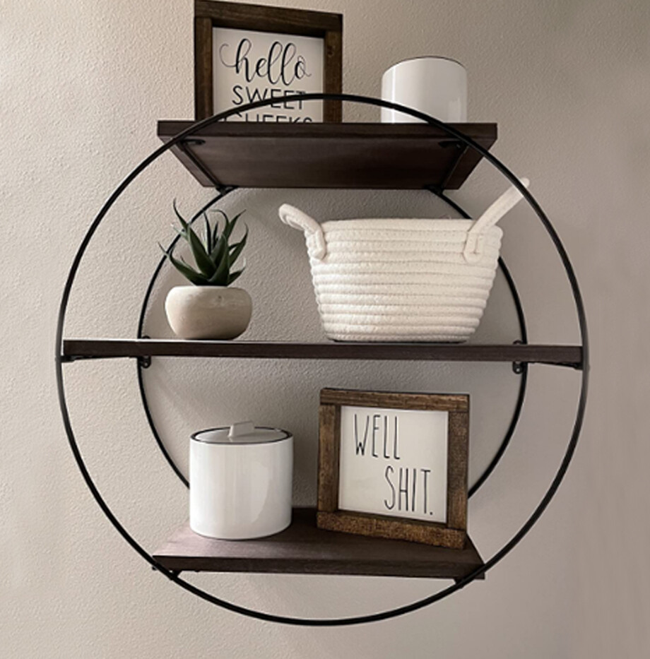Large 20" Vintage Wood Wall Rack Round Storage Shelf Industrial Style Metal Wire gallery