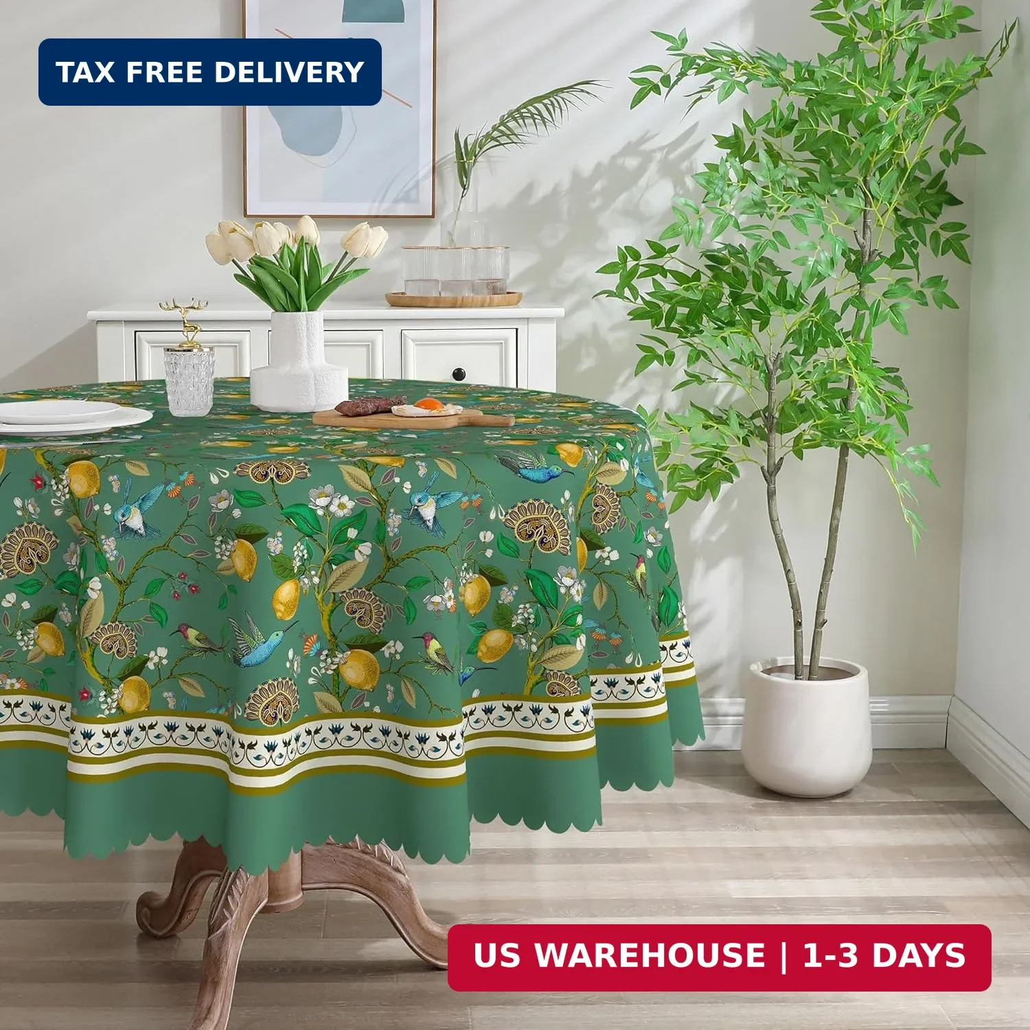 Spring Round Tablecloth 70 inches - Floral Lemon Branch Green Spring Decorations gallery