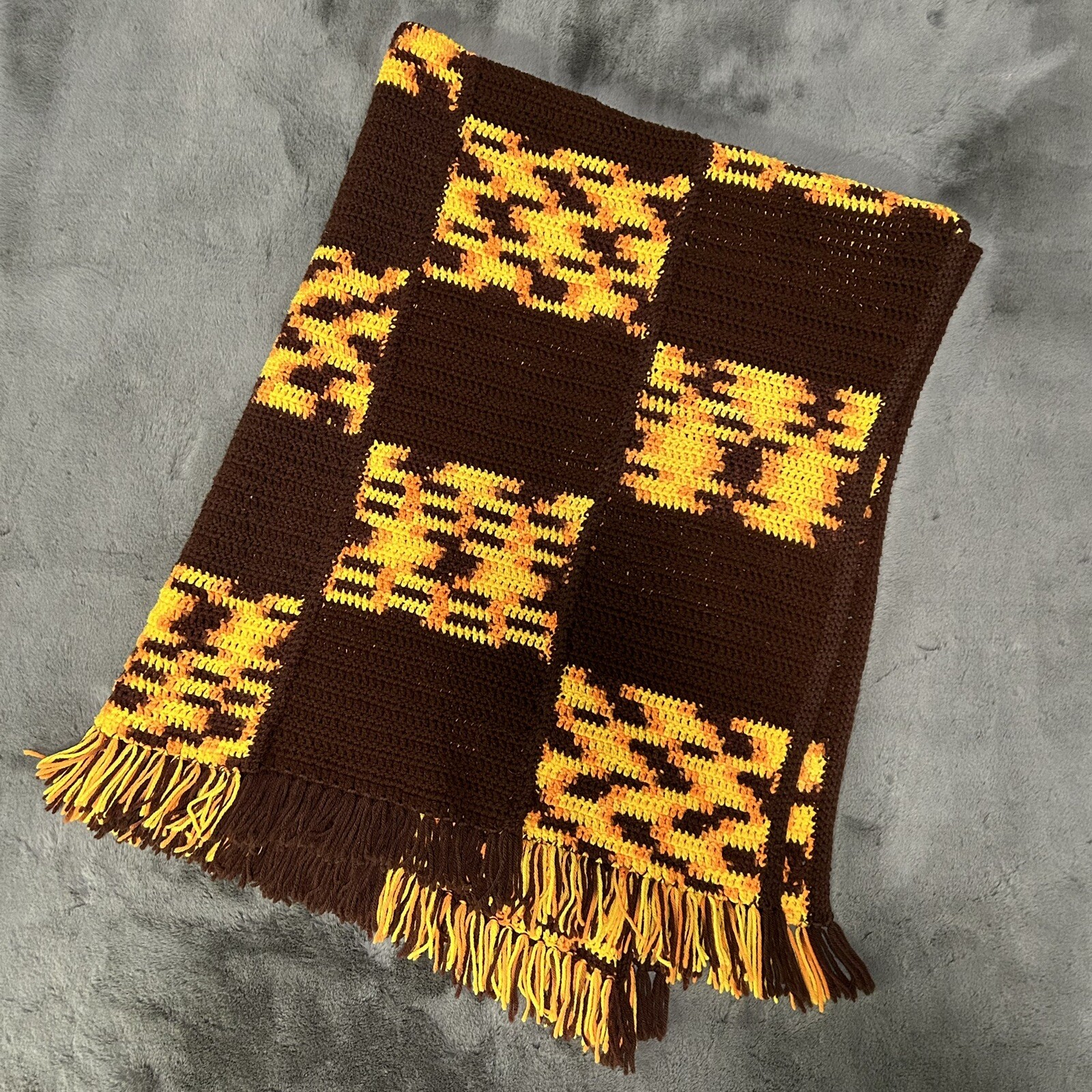 Hand Crochet Afghan Throw Blanket Brown Yellow Fall Autumn 63x49" Fringe Square gallery