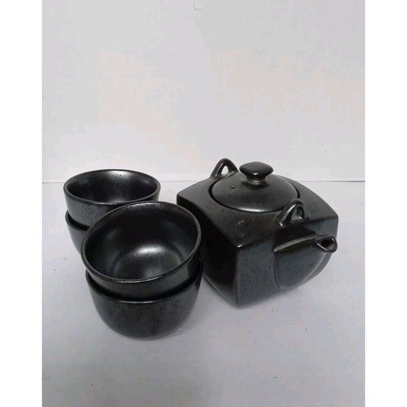 Matte Black Ceramic Tea Set 5pc Square Teapot and 4 Tea Cups Minimalist Modern gallery