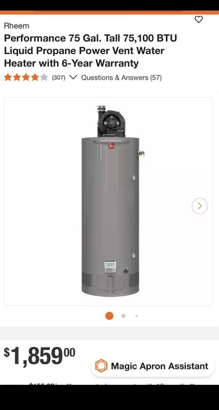 Rheem Performance 75 Gal Tall Storage Tank Water Heater 75,100 BTU LP Power Vent gallery