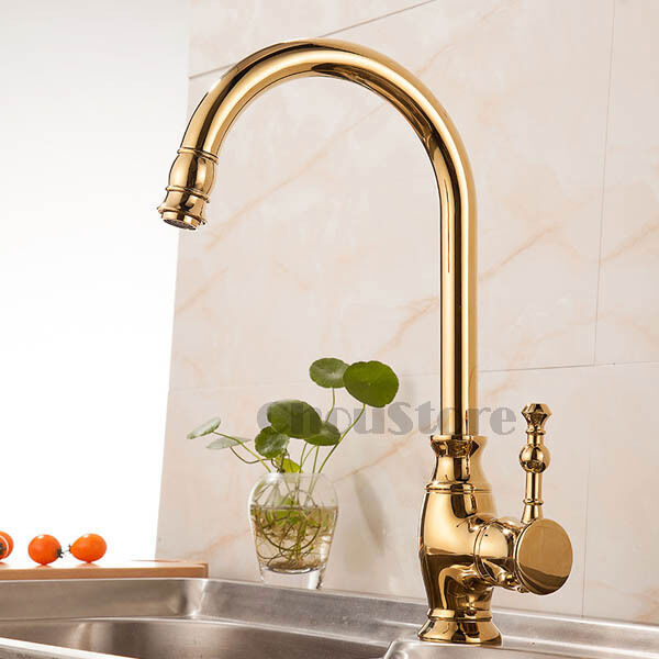 Gold Polished Brass Single Lever Kitchen Sink Faucet Vessel Mixer Swivel Tap NEW gallery