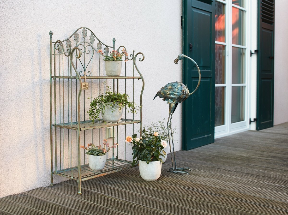 41 in. Folding Metal Shelf / Bakers Rack w/ Scrolling Heart & Peacock Tail Motif gallery