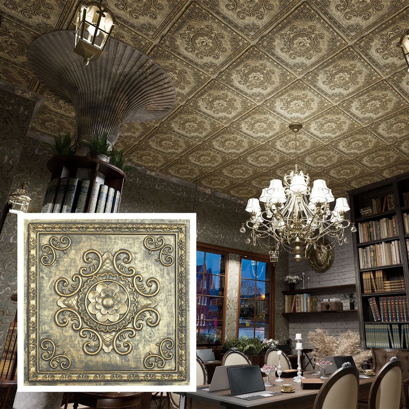 Art ceiling tile Embossed wall panel for Restaurant PL08 ancient gold 10pcs gallery