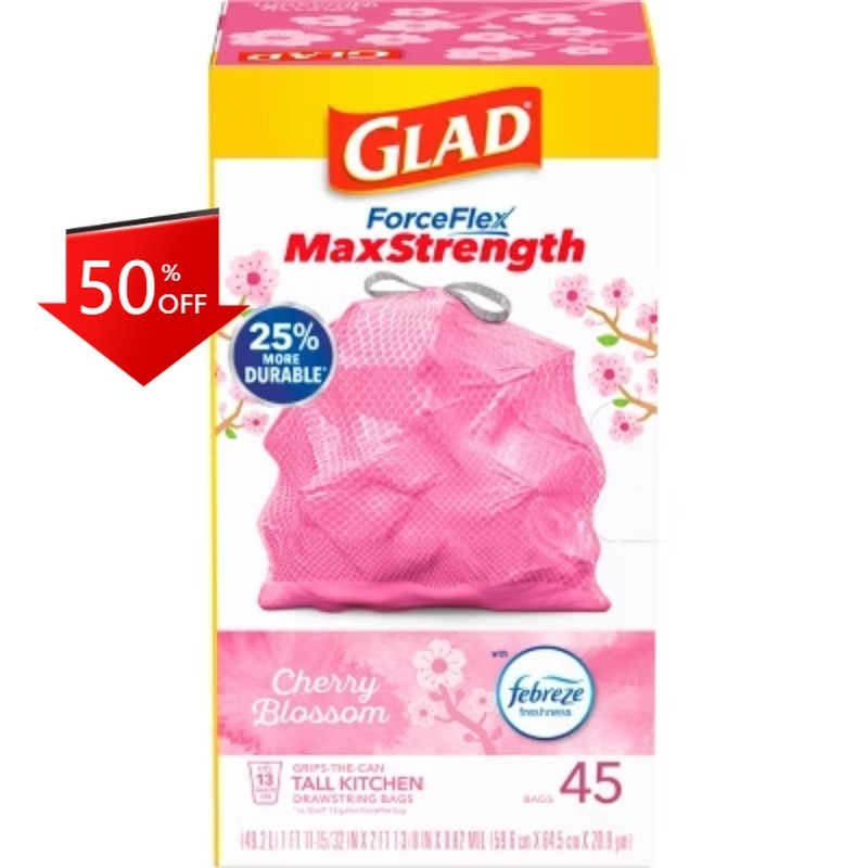 Glad ForceFlex MaxStrength Tall Kitchen Drawstring Pink Trash Bags - 13gal/45ct