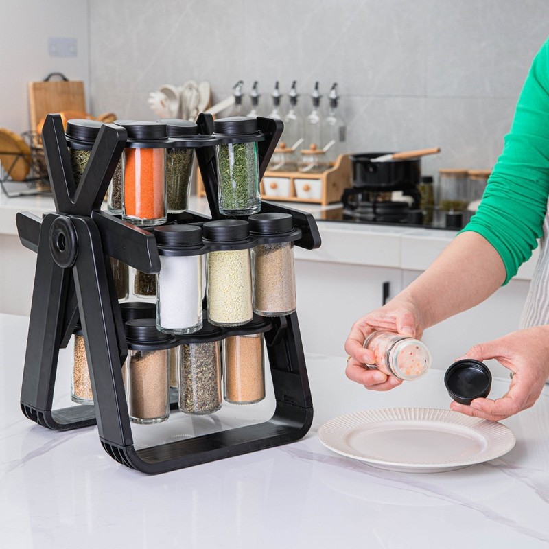 Multifunctional Rotating Spice Rack With 18 Glass Jars Revolving Bottle Organize gallery