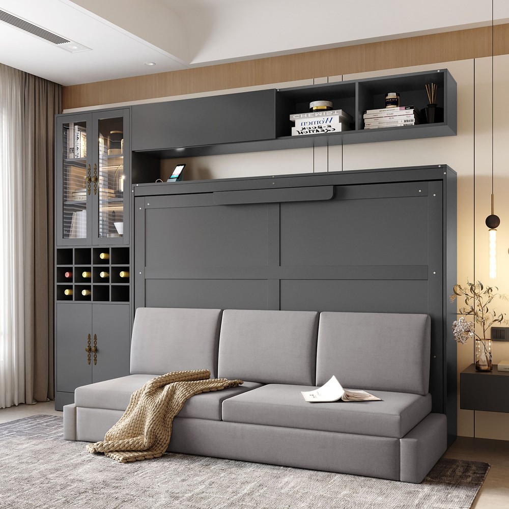 Full Size Murphy Bed with Sofa, Shelves, USB & Light, Gray