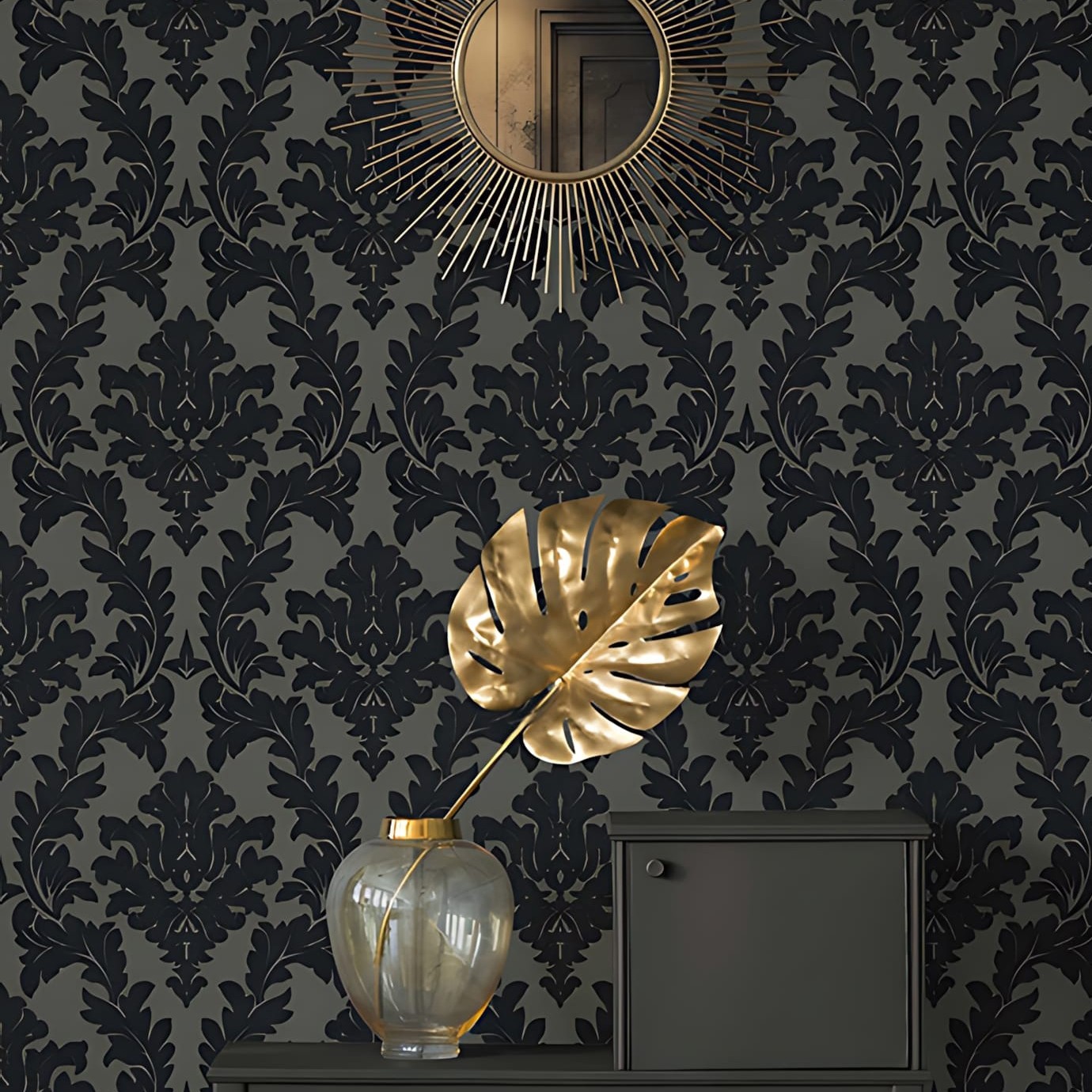 Flocking wallcovering taupe gray black Flocked Victorian damask velvet Wallpaper gallery